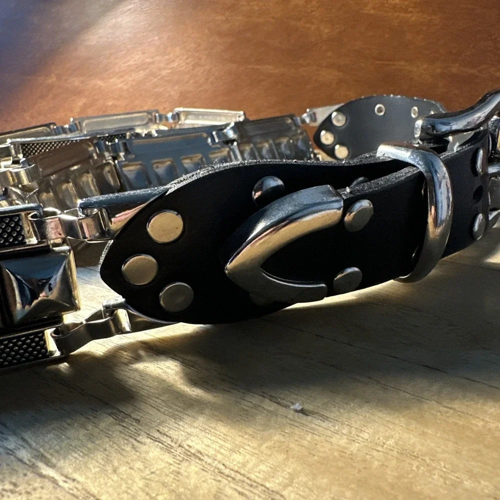 Vintage Stainless Steel & Leather Heavy Metal Leather Punk Goth Belt And Buckle